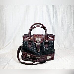 Vintage Western Black Woven Leather Brown Moc Croc Concho Cross Body Satchel Bag